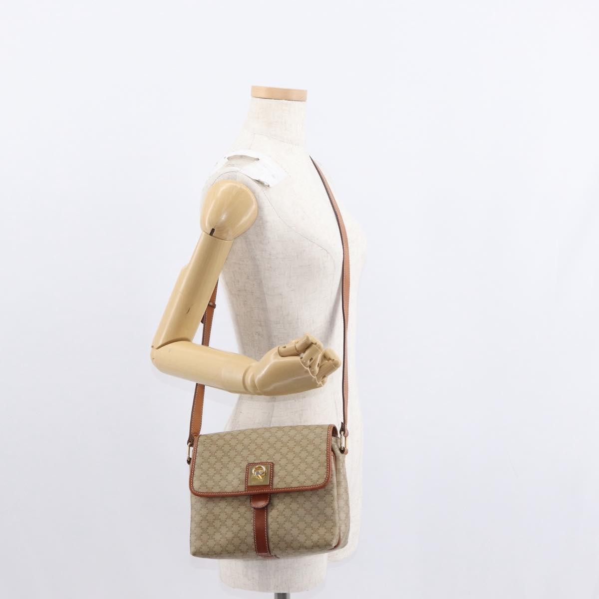 Celine Vintage Macadam Shoulder Bag Canvas and Leather, BEIGE, CANVAS, Shoulder bag