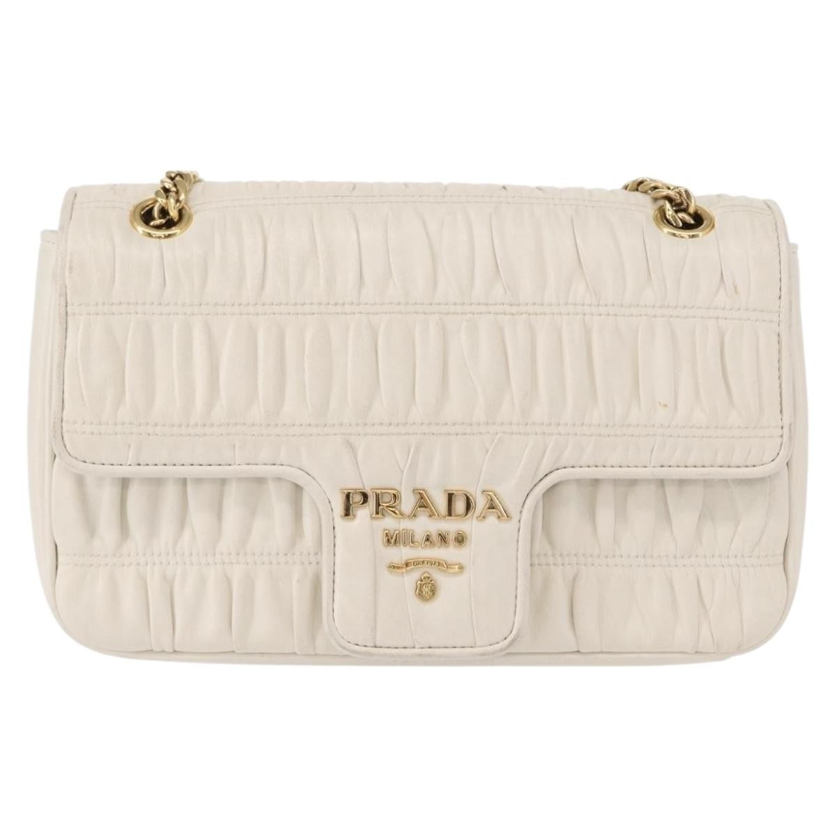 Prada Chain Flap Shoulder Bag Nappa Gaufre, WHITE, LEATHER, Shoulder bag