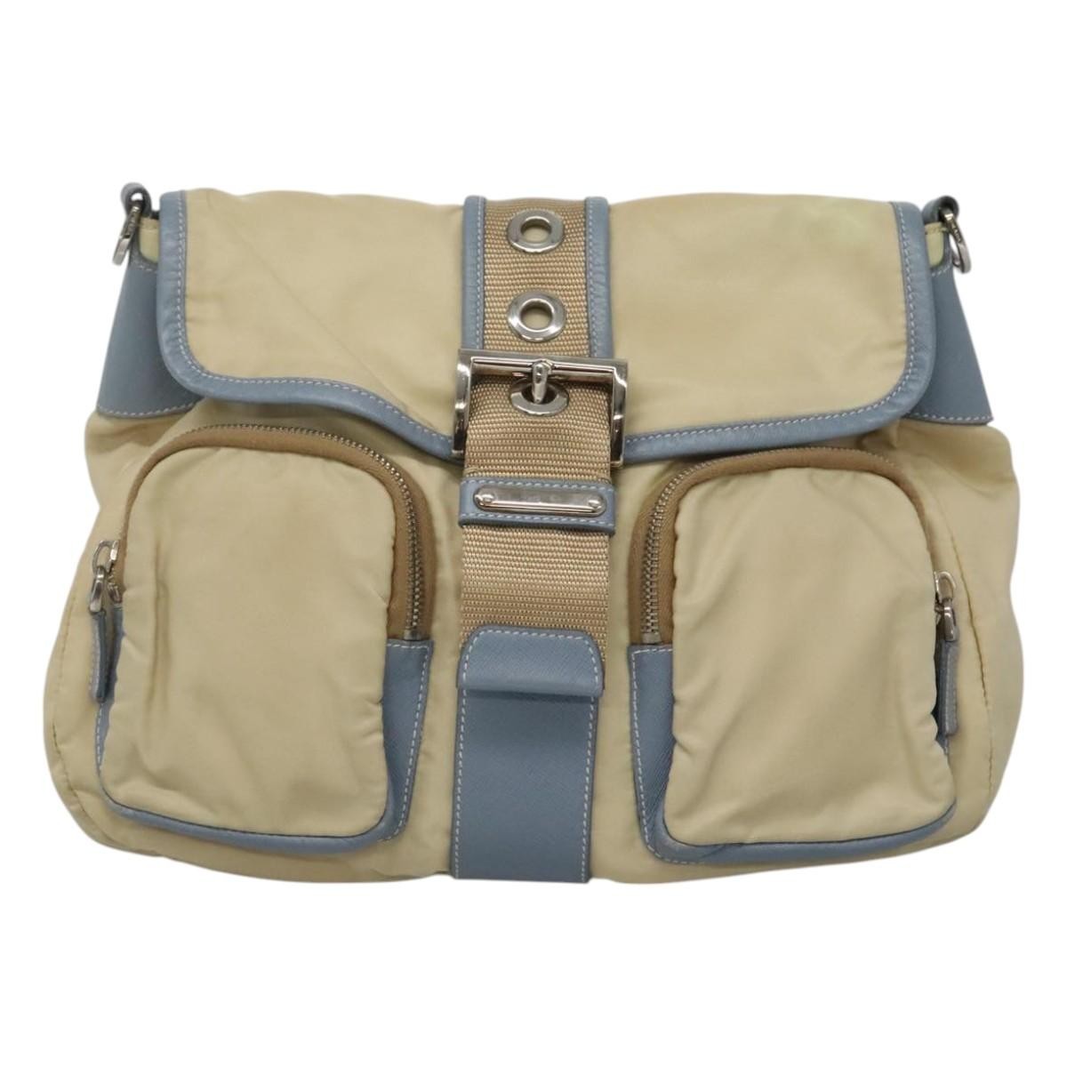 Prada Double Pocket Buckle Flap Bag Tessuto, BEIGE, NYLON, Shoulder bag
