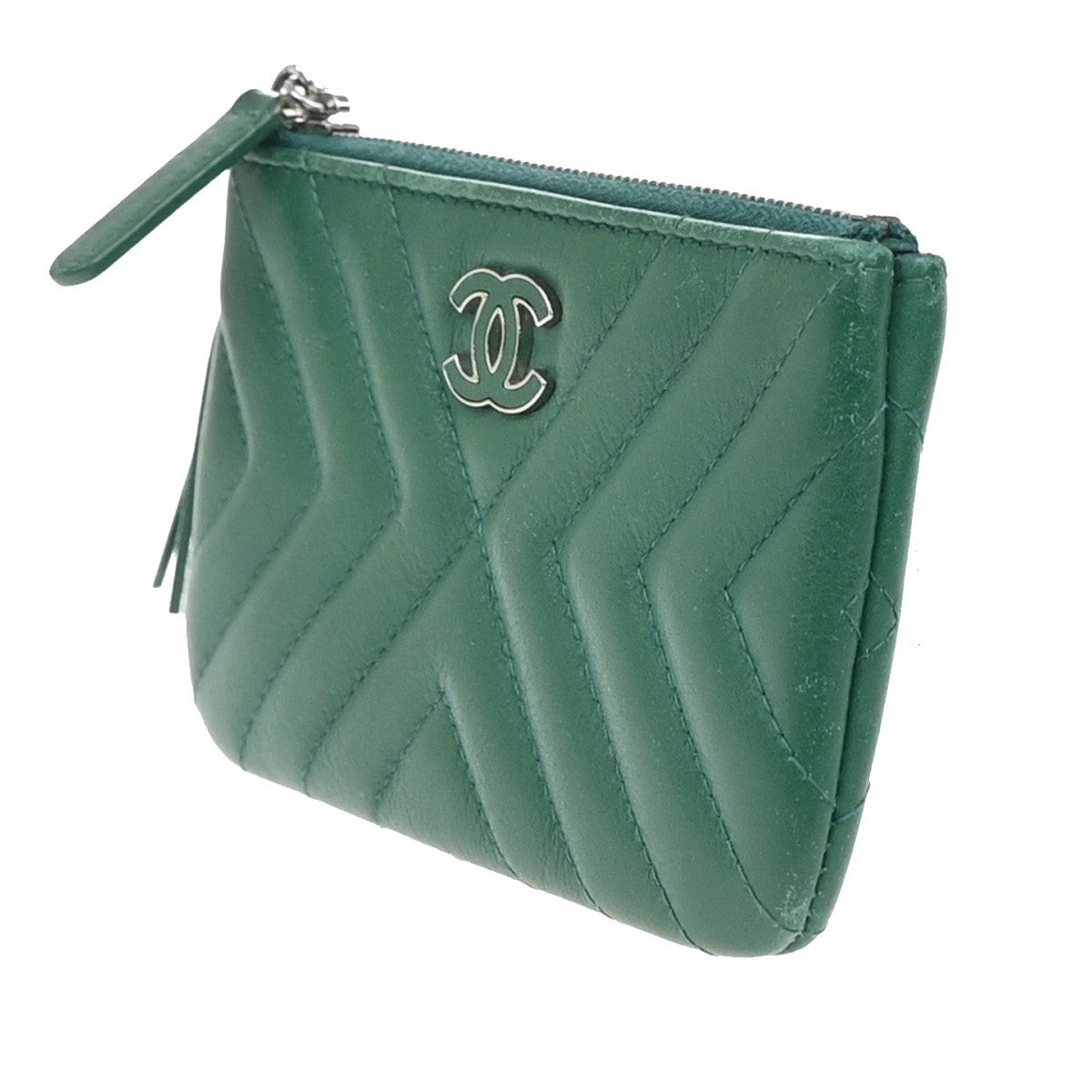 Chanel Card Case Leather, GREEN, LEATHER, Clutche & pouche