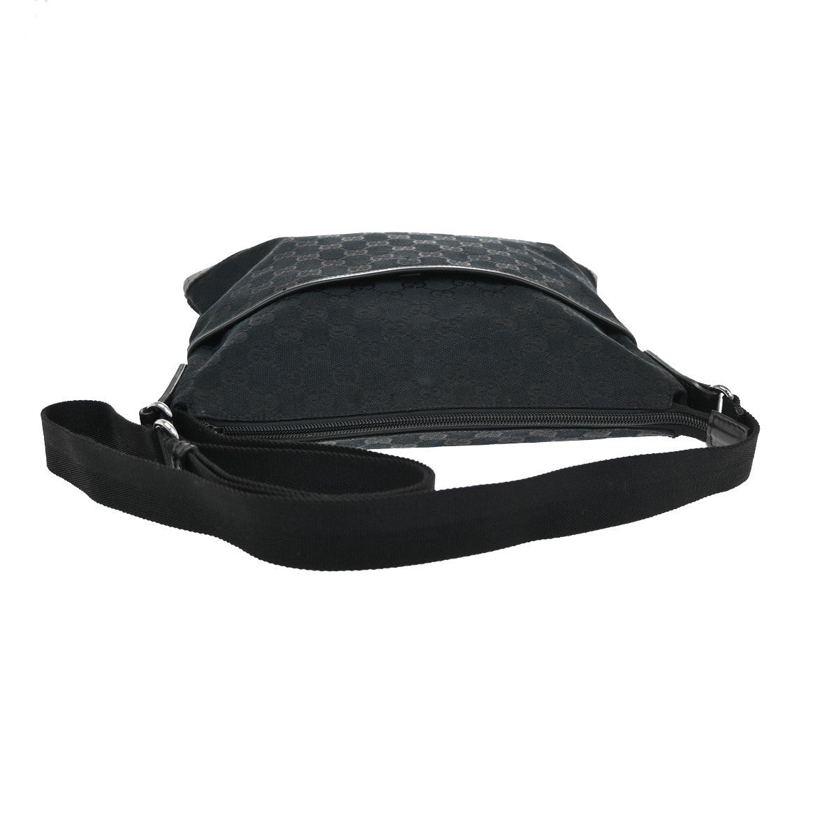 Gucci Zip Messenger Bag GG Canvas with Perforated Leather, BLACK, CANVAS, Shoulder bag