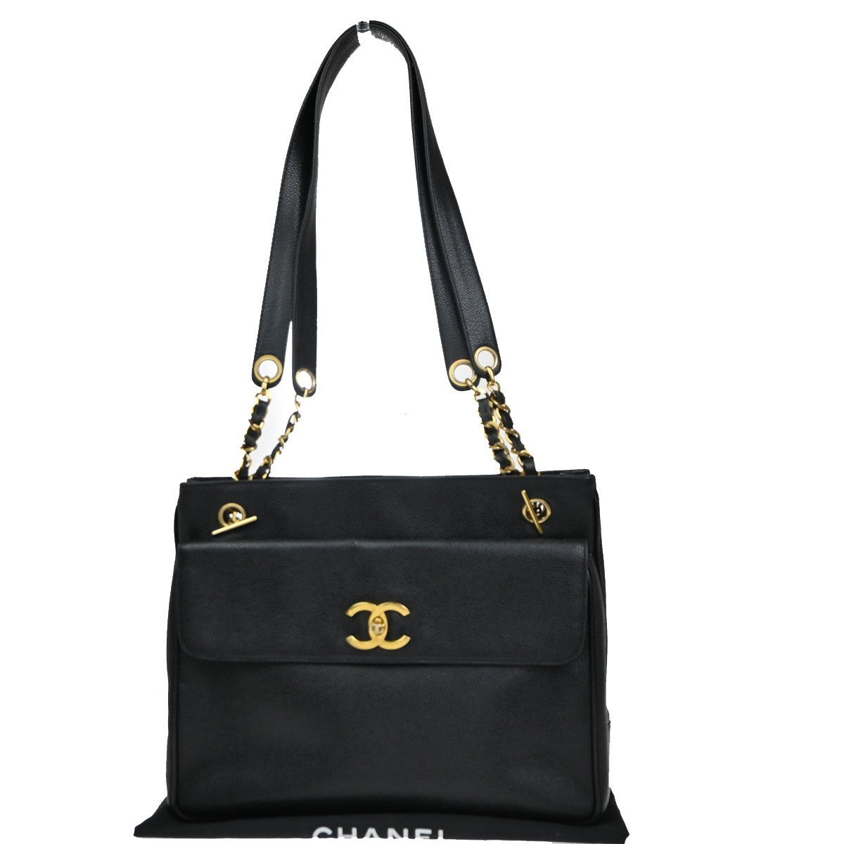 Chanel Vintage Front Pocket Shoulder Bag Leather, BLACK, CALFSKIN, Shoulder bag