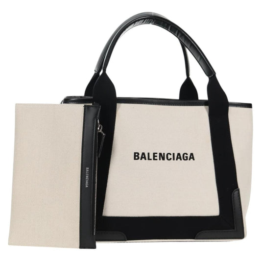 Balenciaga Navy Cabas Canvas with Leather, WHITE, CANVAS, Tote bag
