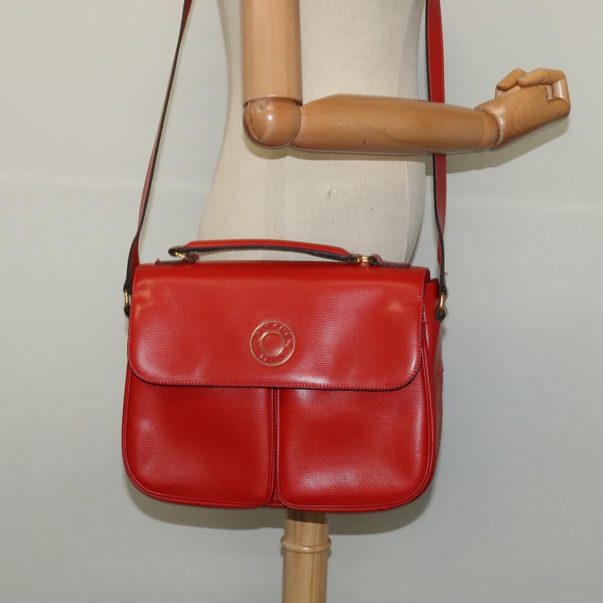 Celine Circle logo Leather, RED, LEATHER, Shoulder bag