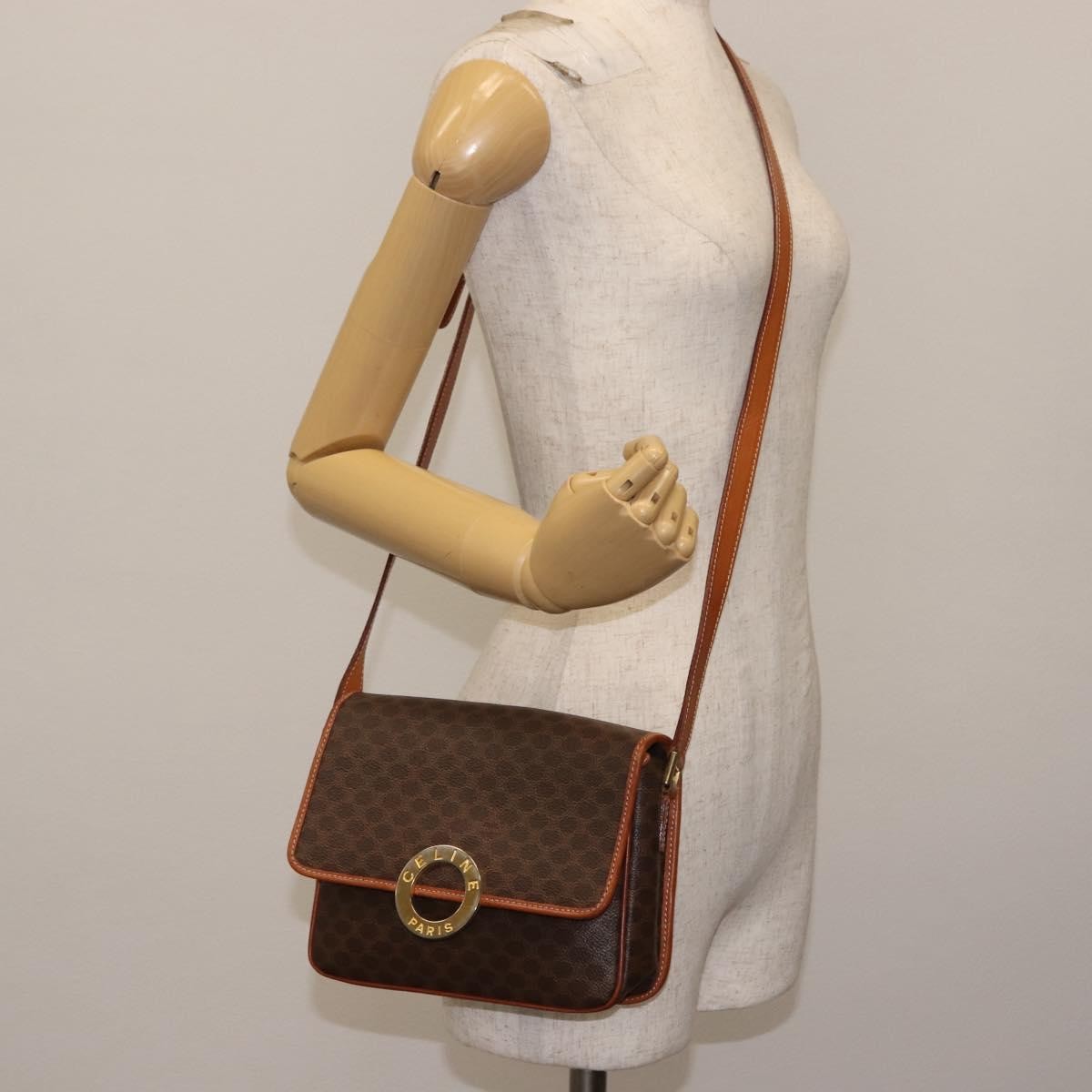Celine Vintage Macadam Circle Logo Shoulder Bag Canvas and Leather, BROWN, CANVAS, Shoulder bag