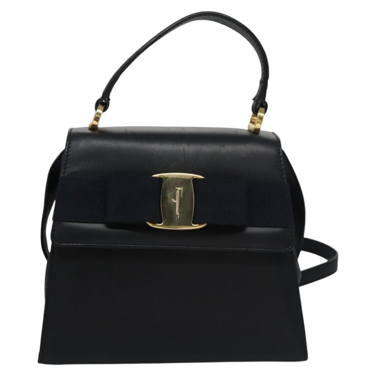 Salvatore Ferragamo Vintage Vara Bow Top Handle Bag Leather, NAVY, LEATHER, Handbag