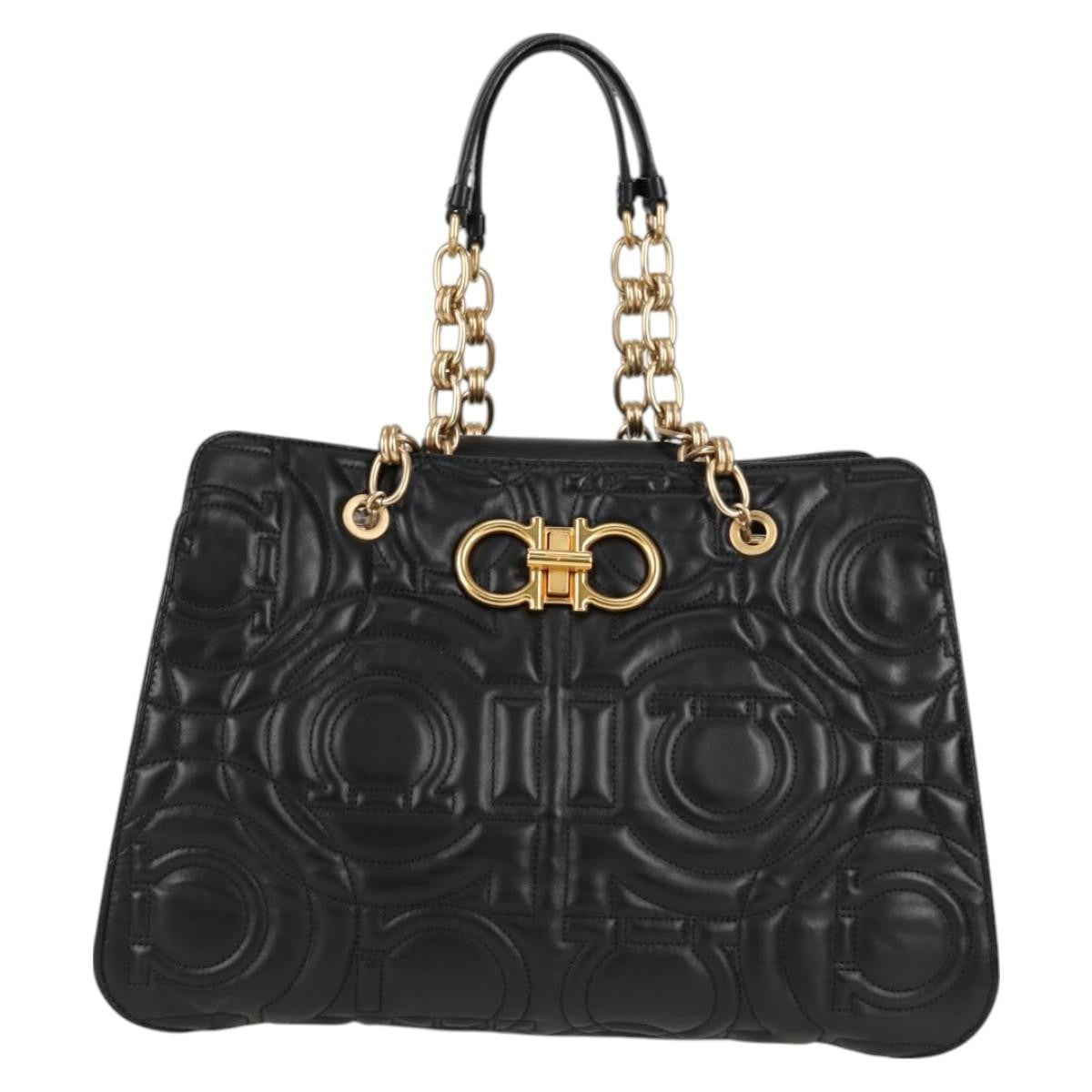 Salvatore Ferragamo Gancini Convertible Tote Quilted Leather, BLACK, LEATHER, Tote bag