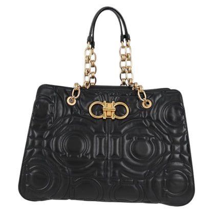 Salvatore Ferragamo Gancini Convertible Tote Quilted Leather, BLACK, LEATHER, Tote bag