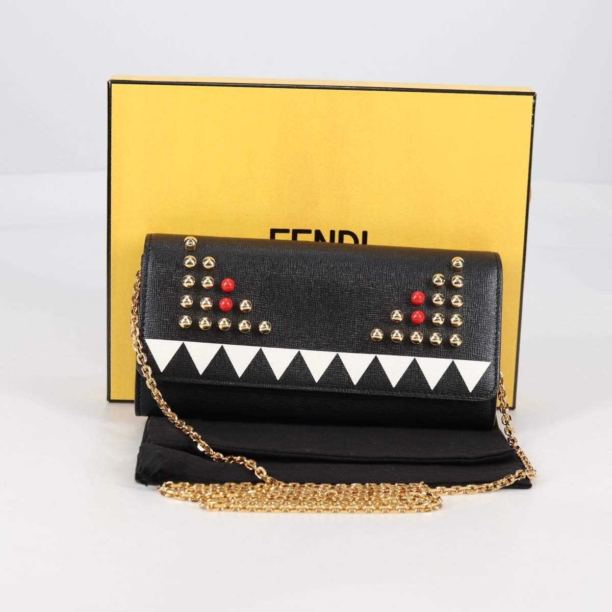 Fendi Monster Wallet on Chain Studded Leather, BLACK, LEATHER, Wallets