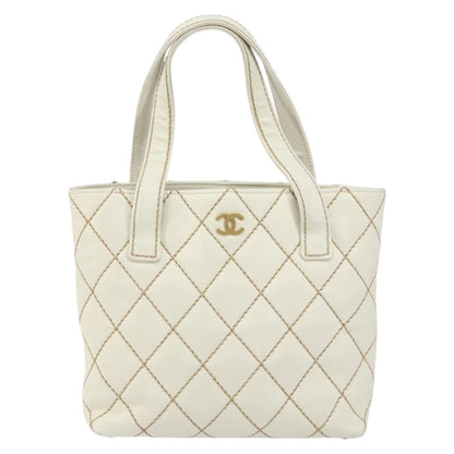 Chanel Surpique Tote Quilted Leather, WHITE, LEATHER, Tote bag