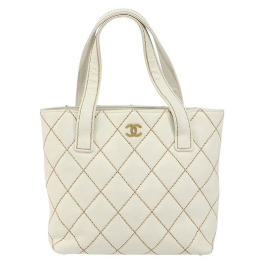Chanel Surpique Tote Quilted Leather, WHITE, LEATHER, Tote bag