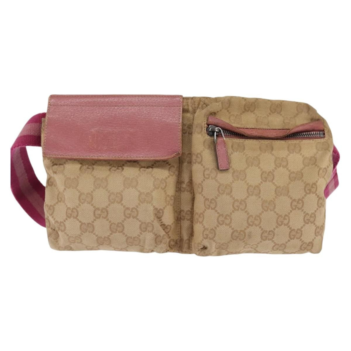 Gucci Vintage Double Belt Bag GG Canvas with Leather, Beige, Canvas, Crossbody Bag
