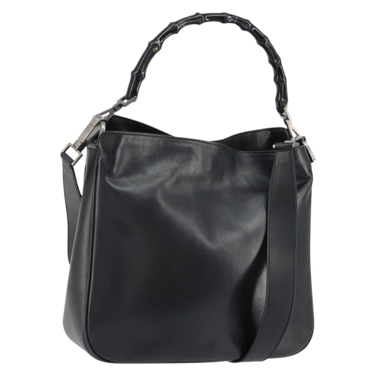 Gucci Vintage Bamboo Handle Open Hobo Leather, BLACK, LEATHER, Handbag