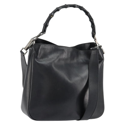 Gucci Vintage Bamboo Handle Open Hobo Leather, BLACK, LEATHER, Handbag