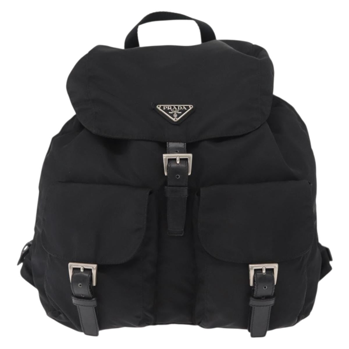 Prada Vela Double Front Pocket Backpack Tessuto with Saffiano Leather, BLACK, NYLON, Backpack