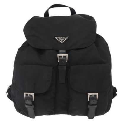 Prada Vela Double Front Pocket Backpack Tessuto with Saffiano Leather, BLACK, NYLON, Backpack