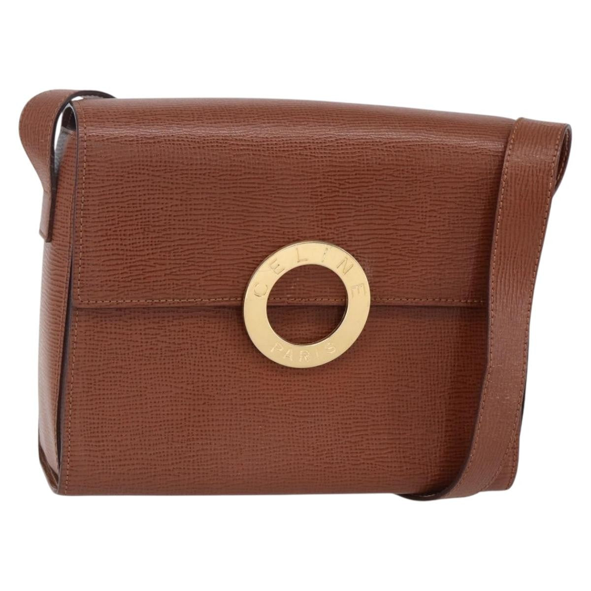 Celine Circle logo Leather, BROWN, LEATHER, Handbag