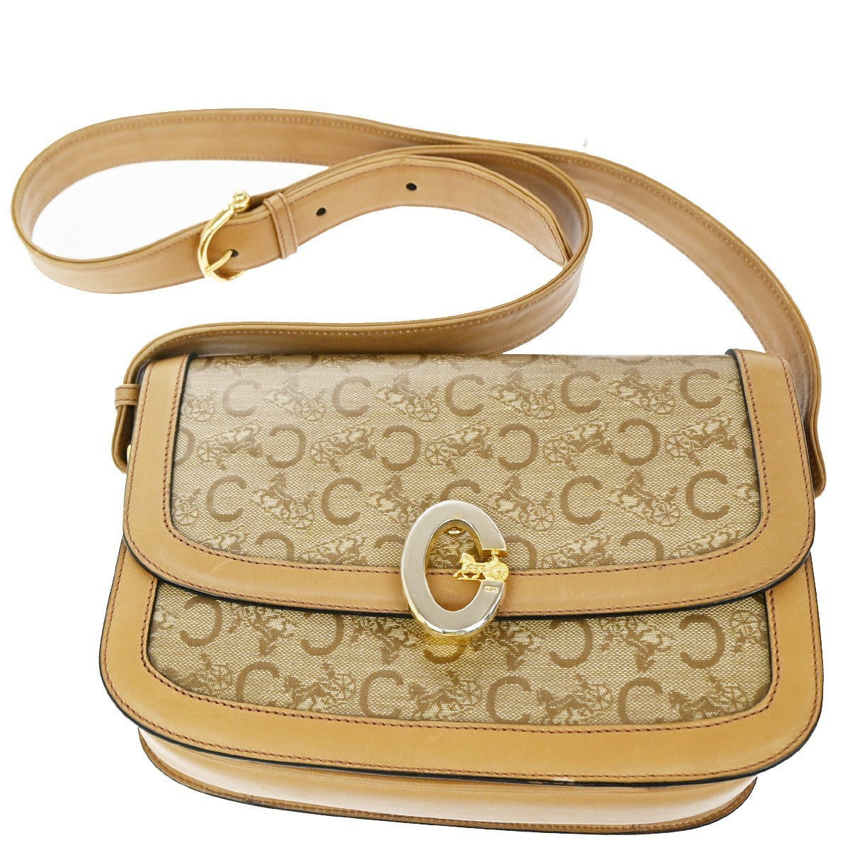 Celine Vintage Horse Carriage C Macadam Shoulder Bag Canvas and Leather, BEIGE, CANVAS, Shoulder bag