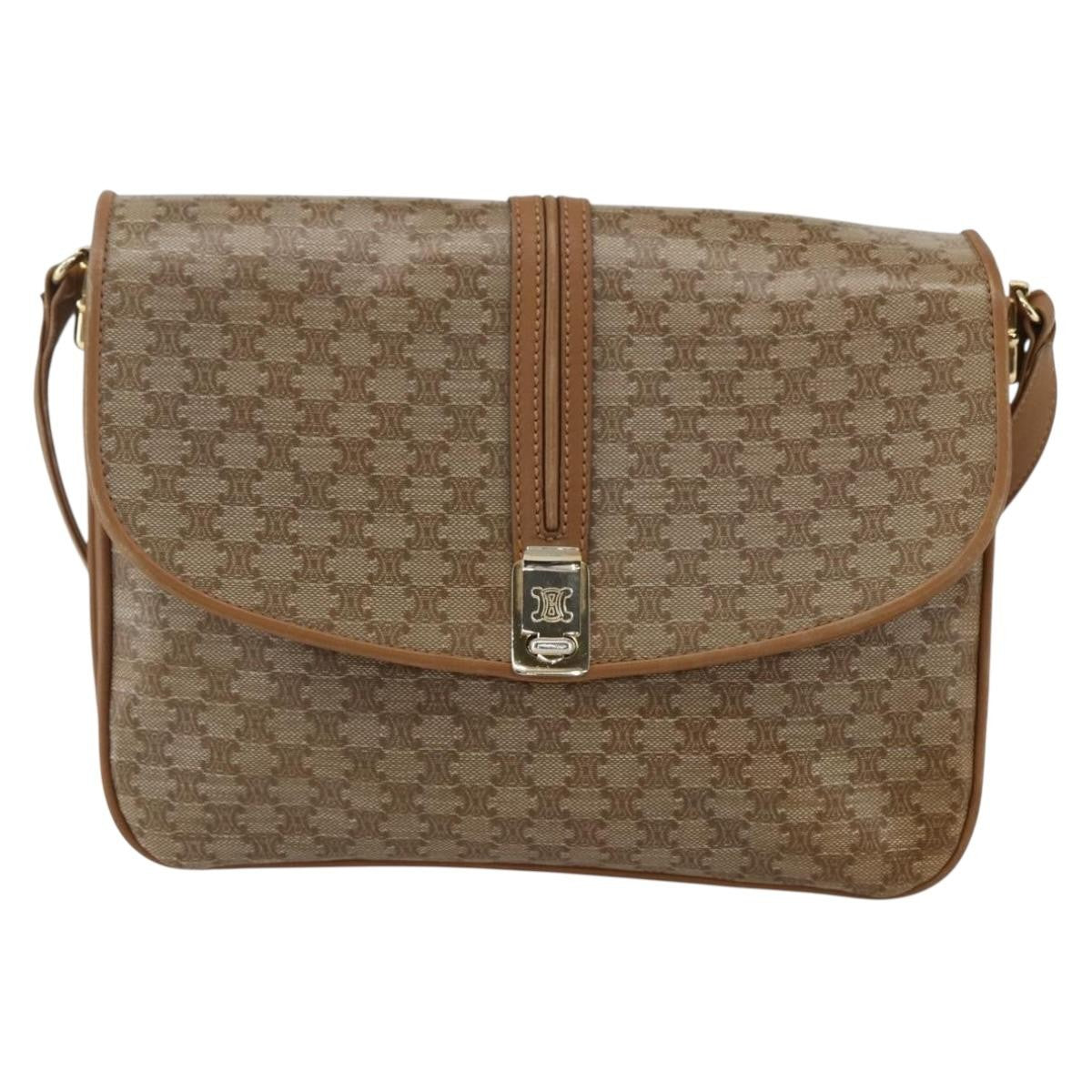 Celine Vintage Macadam Shoulder Bag Canvas and Leather, BEIGE, CANVAS, Shoulder bag