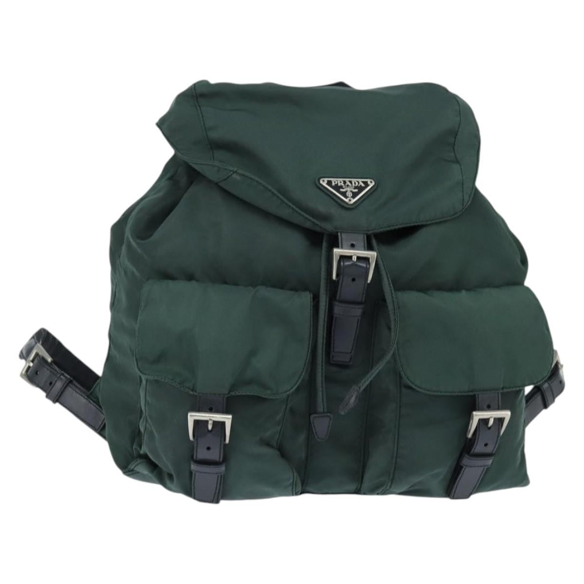 Prada Vela Double Front Pocket Backpack Tessuto with Saffiano Leather, Khaki, Nylon, Backpack