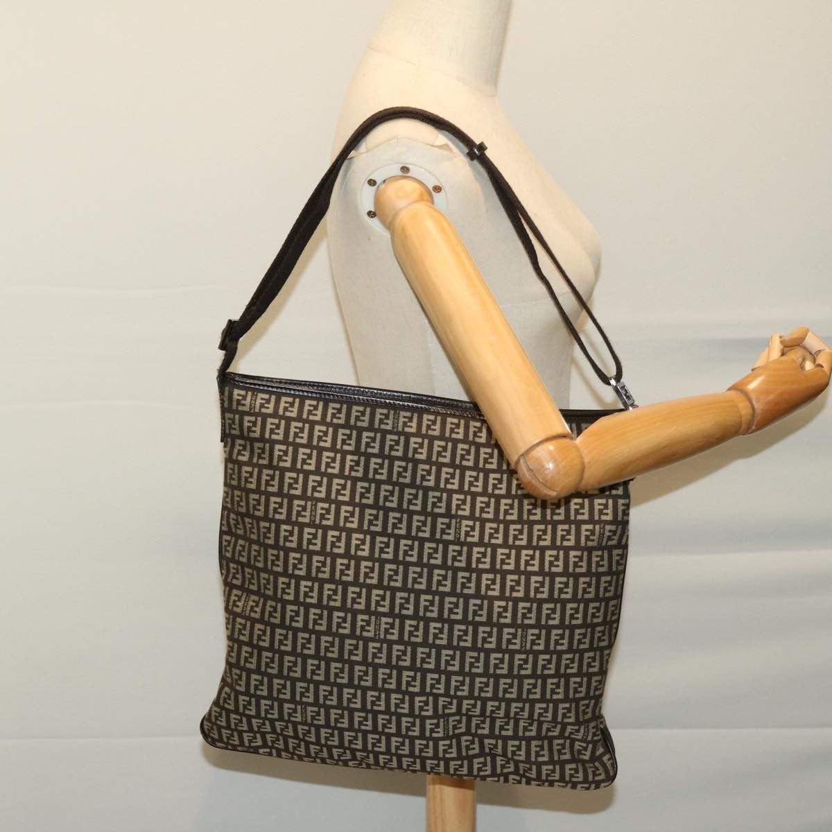 Fendi Vintage Zip Messenger Bag Zucca Canvas, BROWN, CANVAS, Shoulder bag