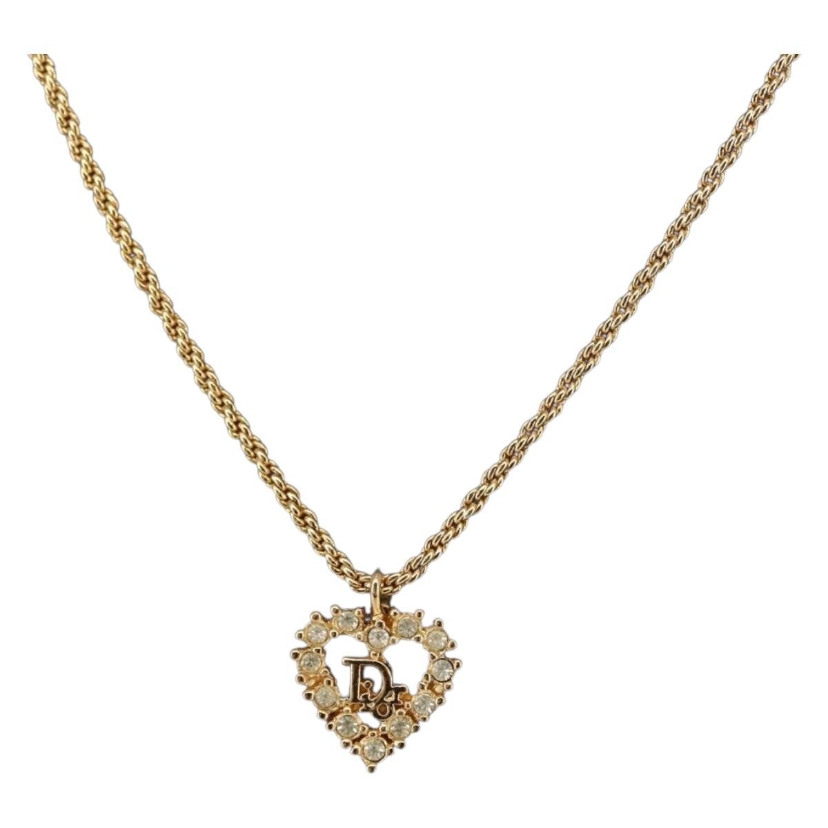 Christian Dior Vintage CD Heart Pendant Necklace Metal with Crystals, GOLD, METAL, Necklace