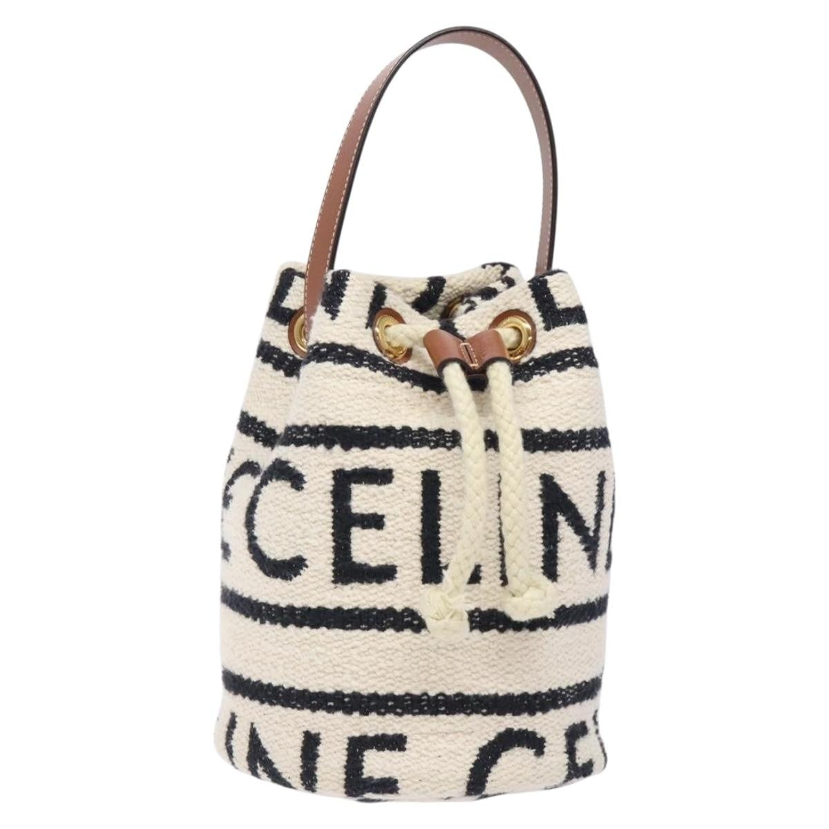 Celine Teen Drawstring Plein Soleil Bucket Bag Canvas with Leather, WHITE, CANVAS, Crossbody bag