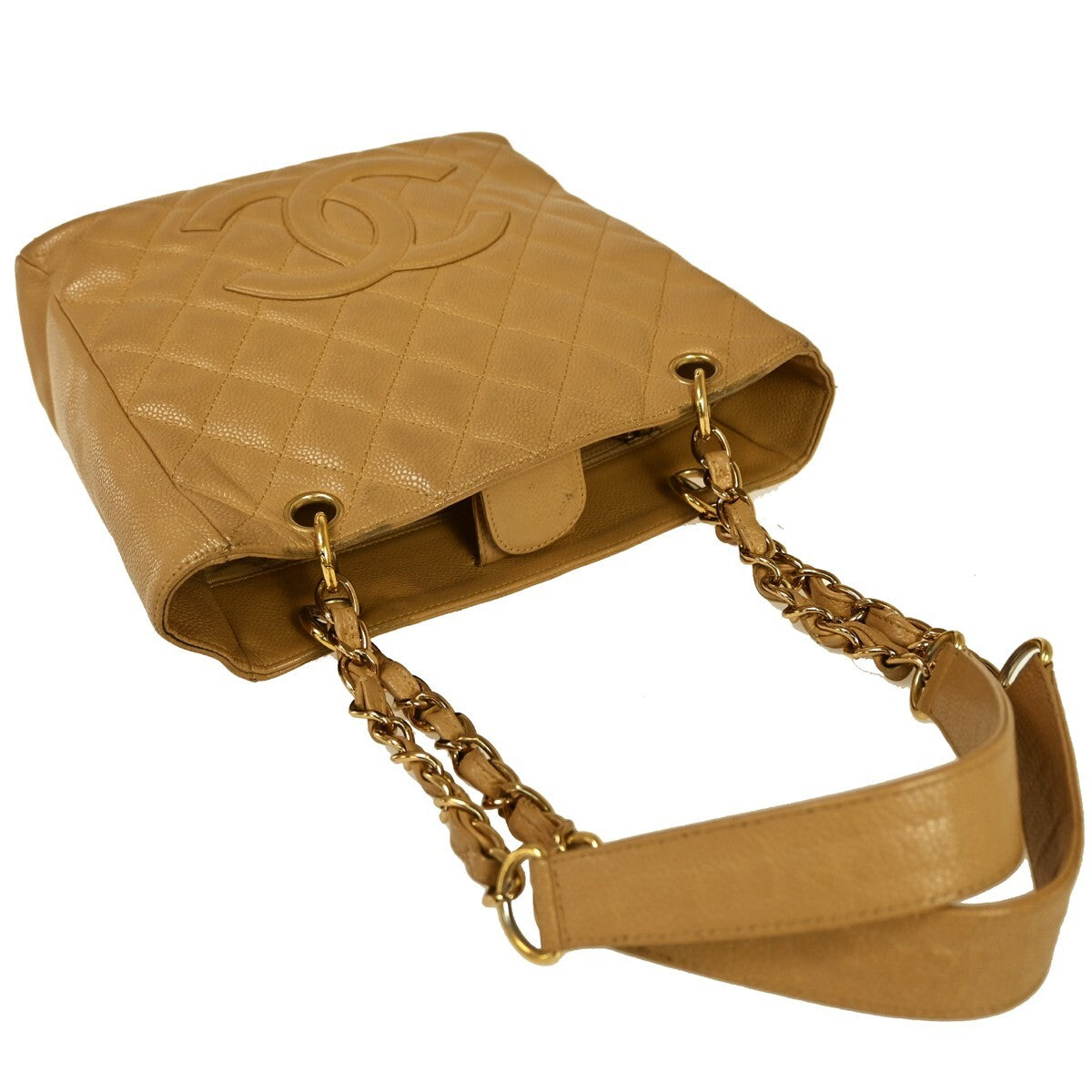 Chanel Petite Shopping Tote Quilted Caviar, Beige, Leather, Shoulder Bag