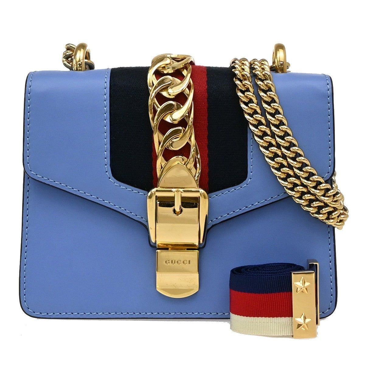 Gucci Sylvie Shoulder Bag Leather, BLUE, LEATHER, Shoulder bag
