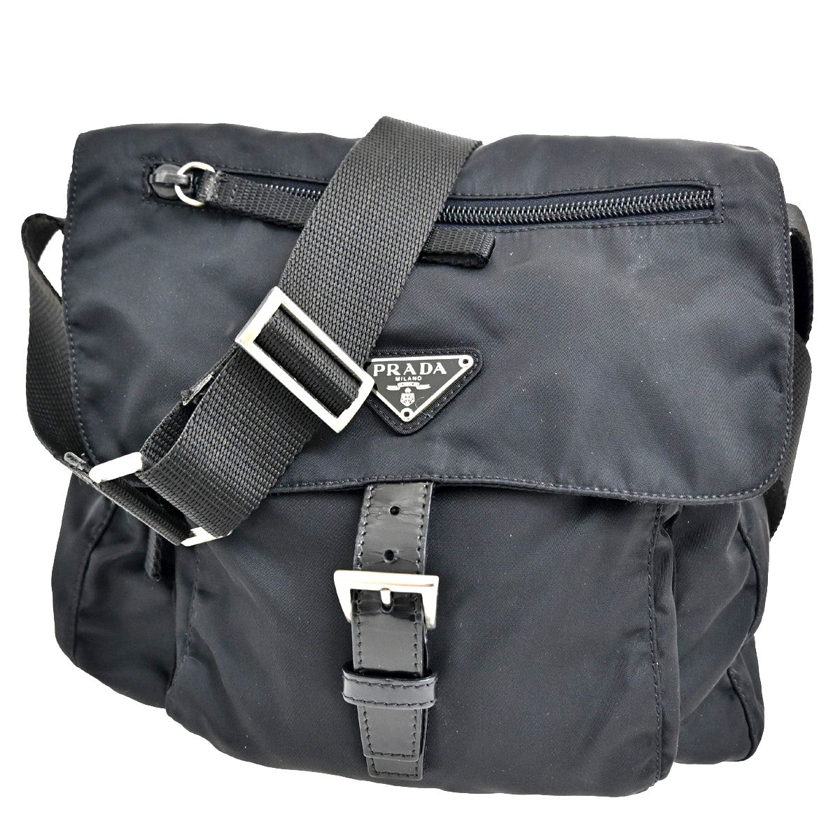Prada Buckle Messenger Bag Tessuto, BLACK, NYLON, Shoulder bag