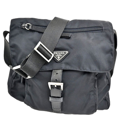 Prada Buckle Messenger Bag Tessuto, BLACK, NYLON, Shoulder bag