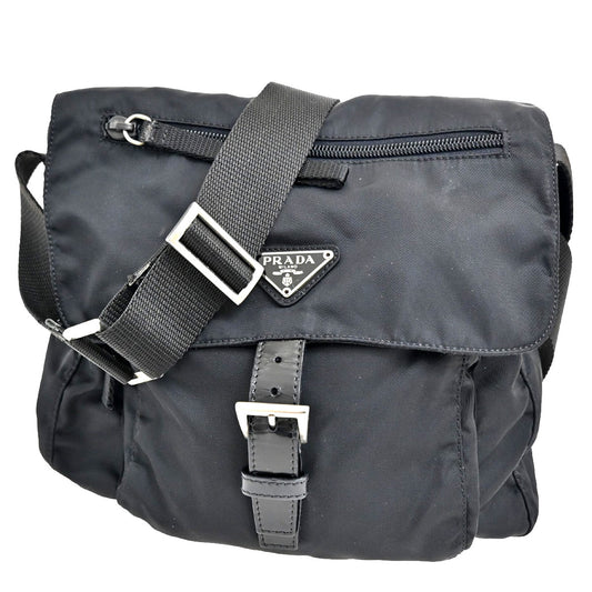Prada Buckle Messenger Bag Tessuto, BLACK, NYLON, Shoulder bag