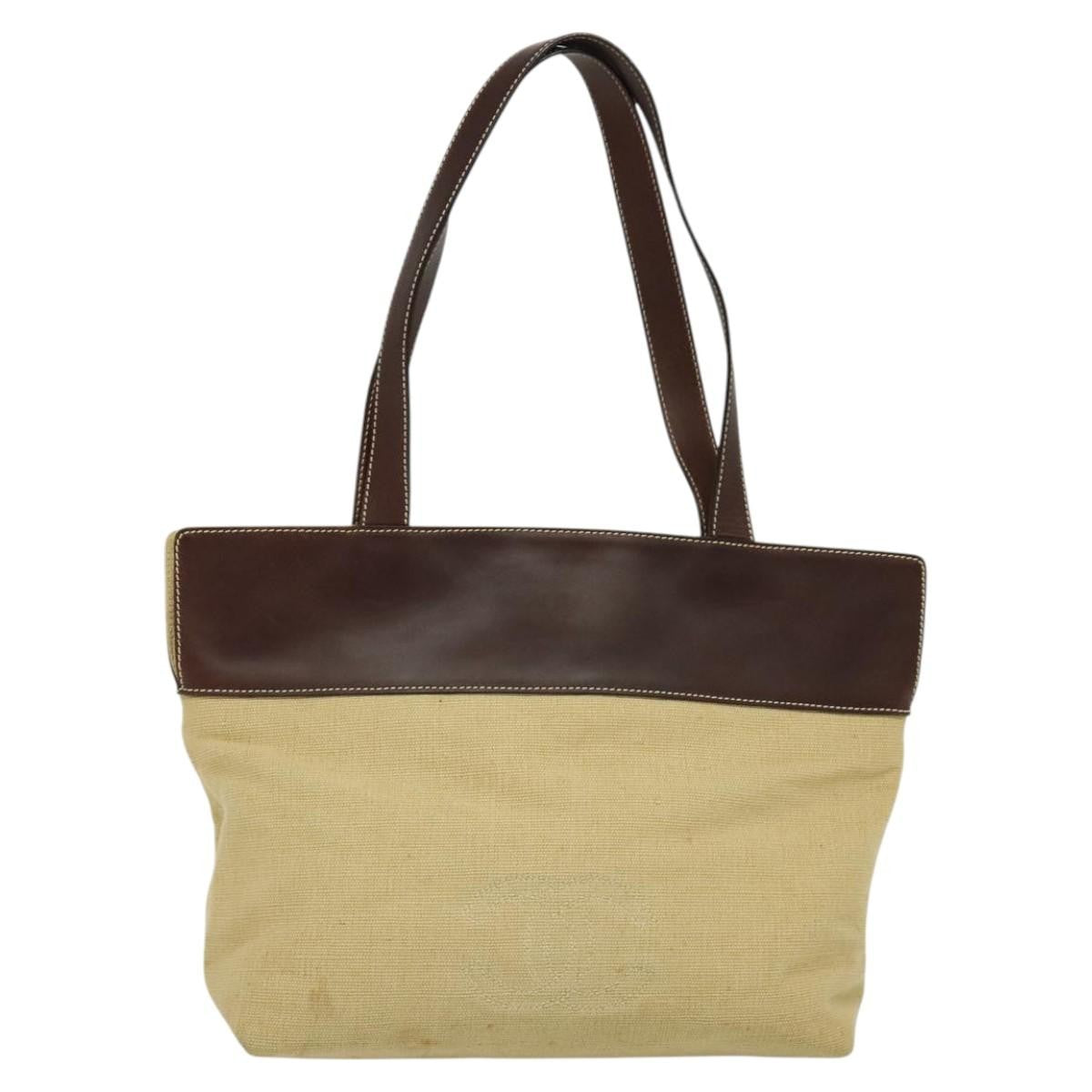 Chanel Vintage CC Tote Canvas with Leather, BEIGE, CANVAS, Tote bag