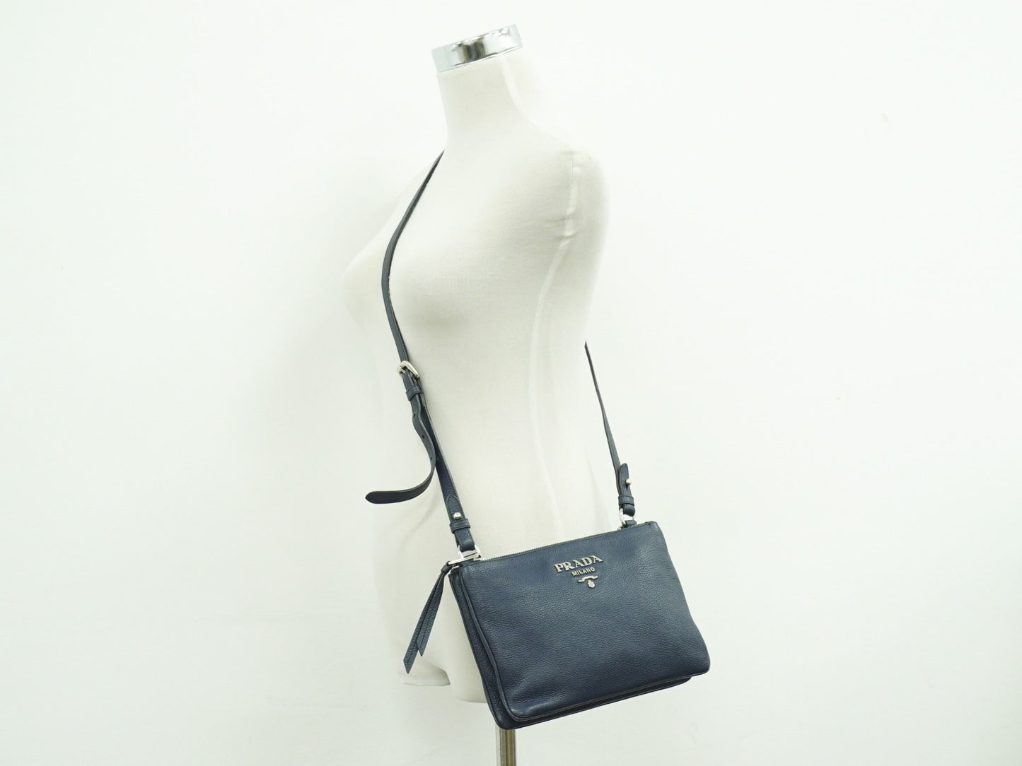 Prada Double Zip Crossbody Bag Vitello Daino, NAVY, LEATHER, Shoulder bag