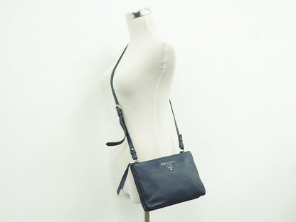 Prada Double Zip Crossbody Bag Vitello Daino, NAVY, LEATHER, Shoulder bag