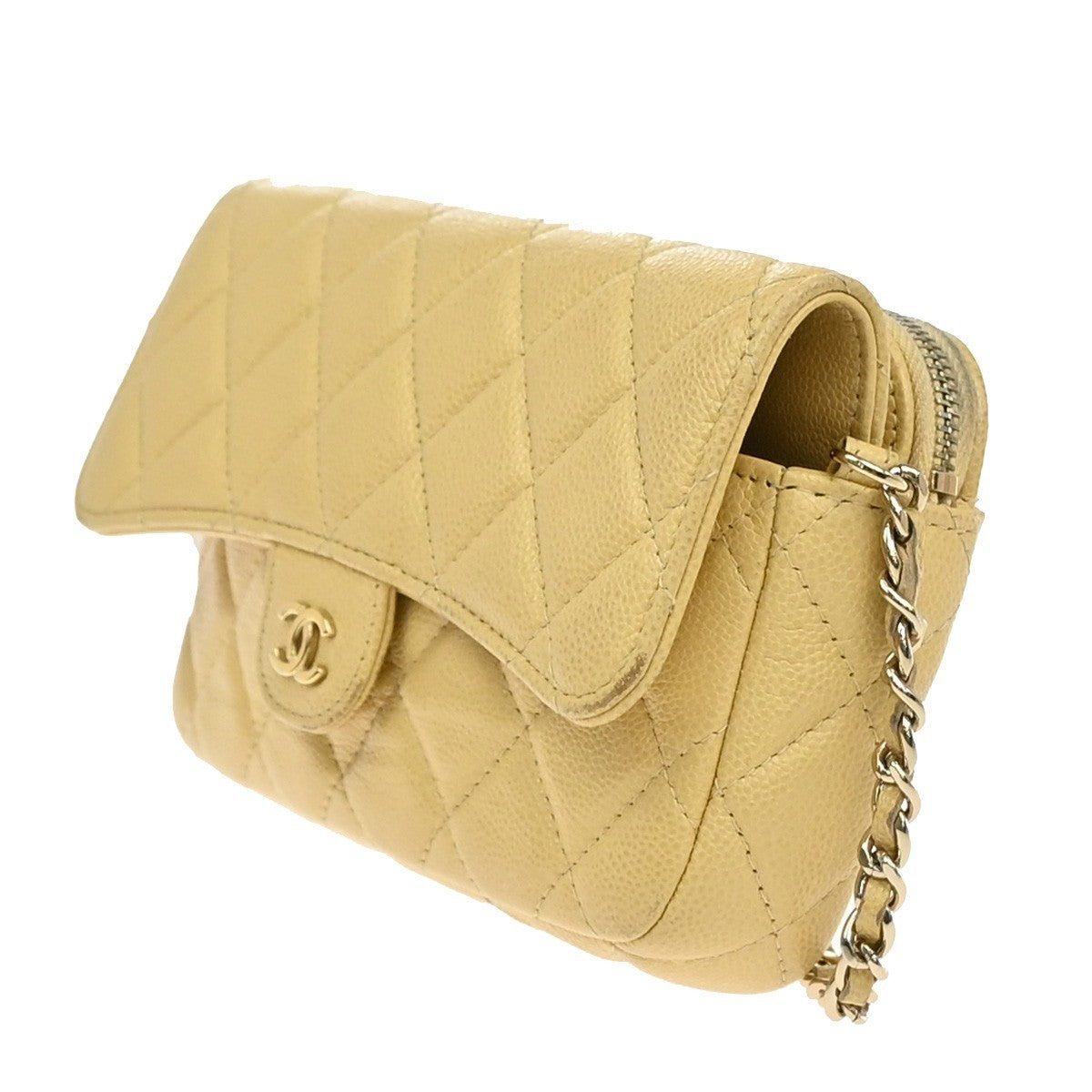 Chanel Classic Sunglasses Case with Chain Quilted Caviar, BEIGE, LEATHER, Clutche & pouche