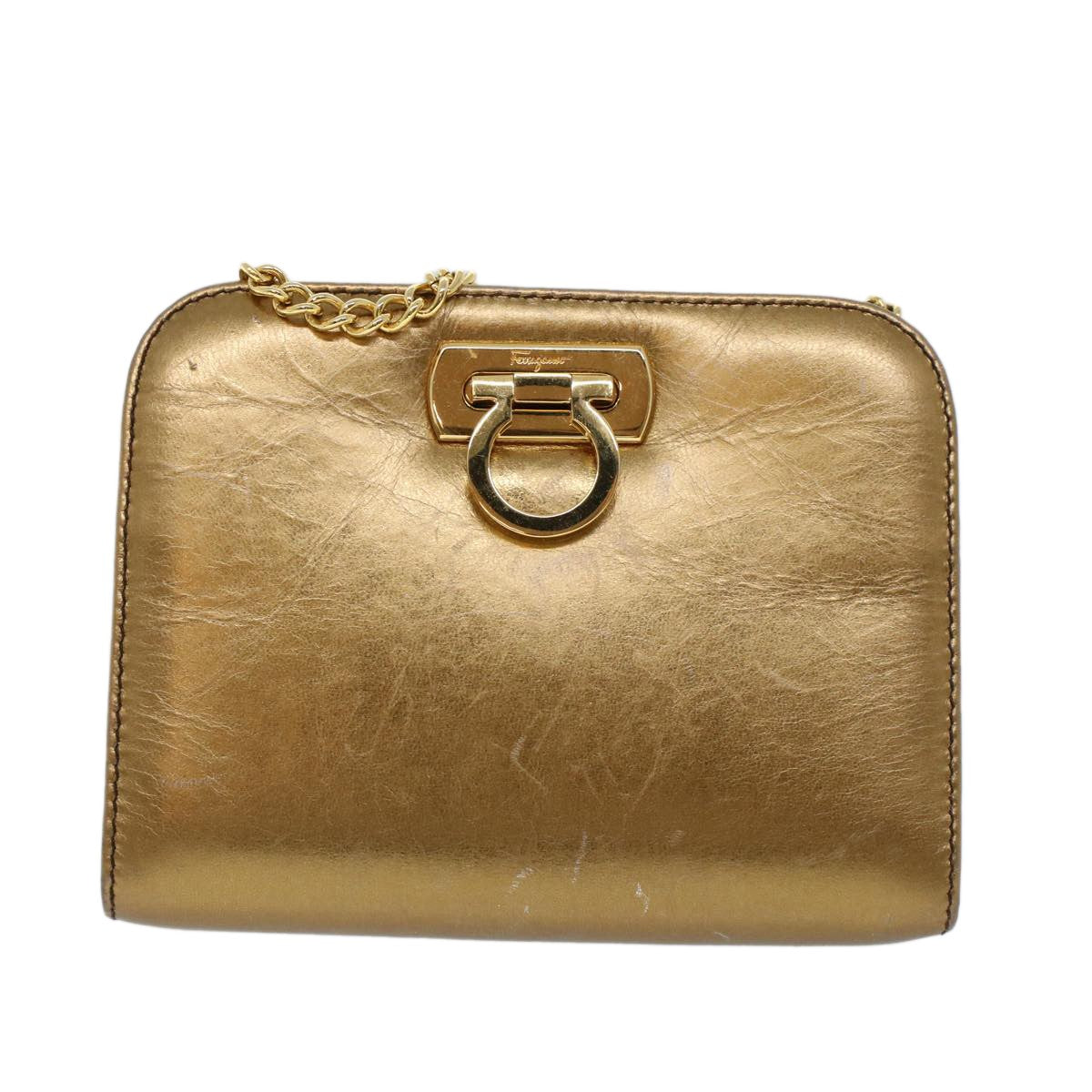 Salvatore Ferragamo Vintage Gancini Chain Shoulder Bag Leather, GOLD, LEATHER, Shoulder bag
