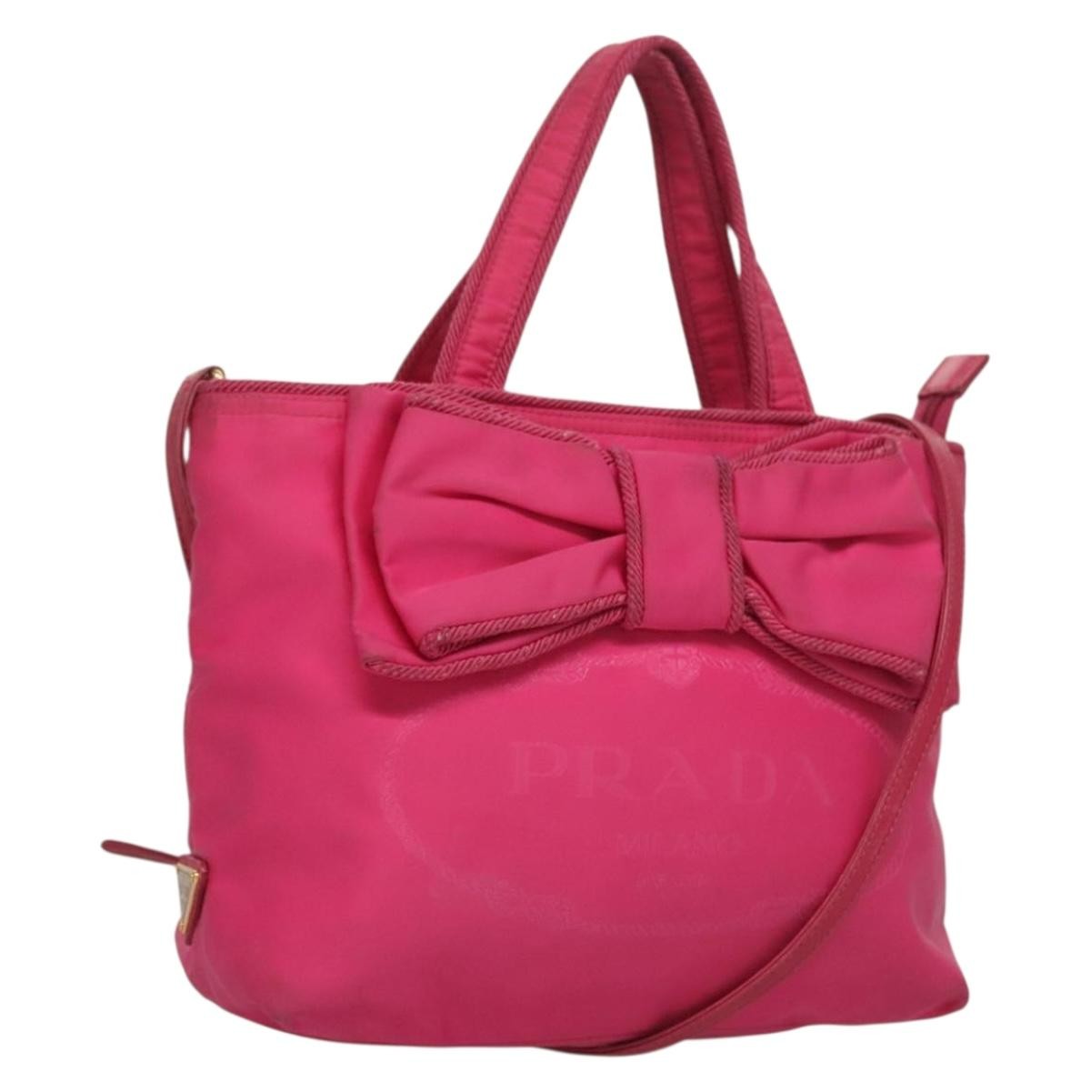 Prada Logo Bow Convertible Tote Tessuto with Leather, PINK, NYLON, Tote bag