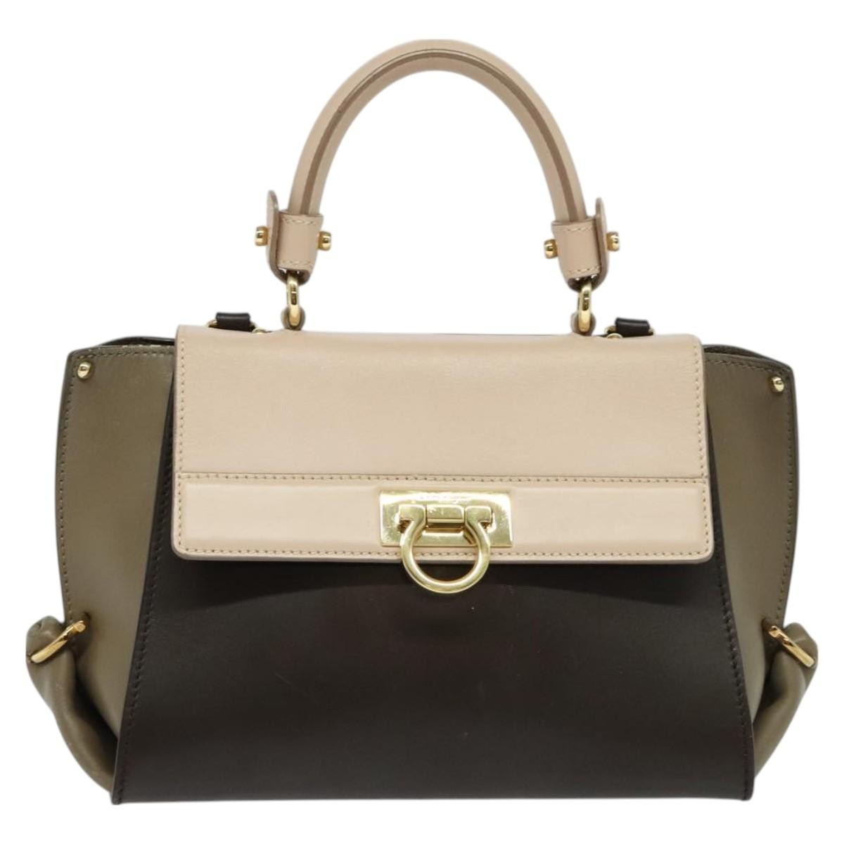 Salvatore Ferragamo Gancini handbag Leather, BROWN, LEATHER, Handbag