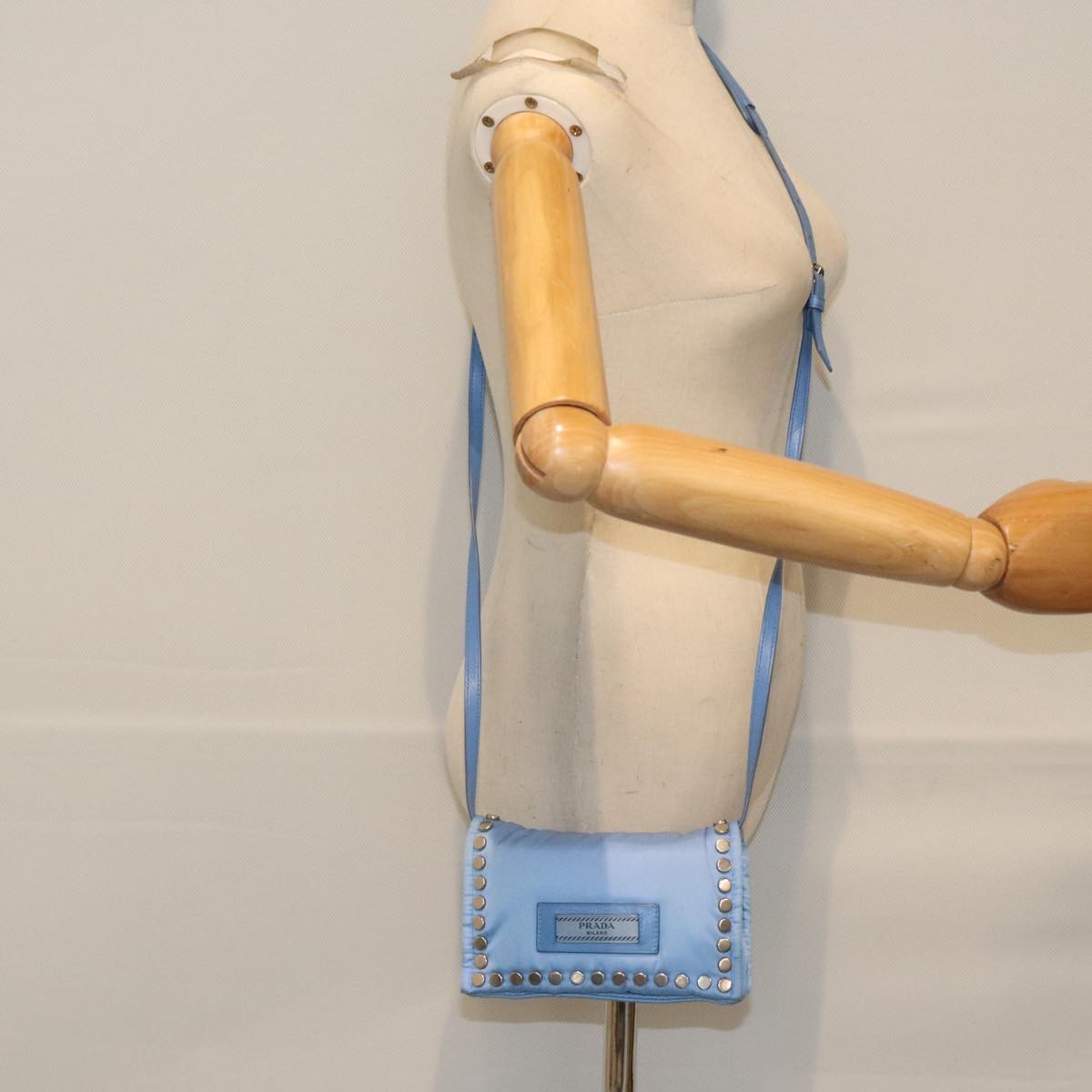 Prada Etiquette Flap Bag Studded Tessuto, BLUE, NYLON, Handbag