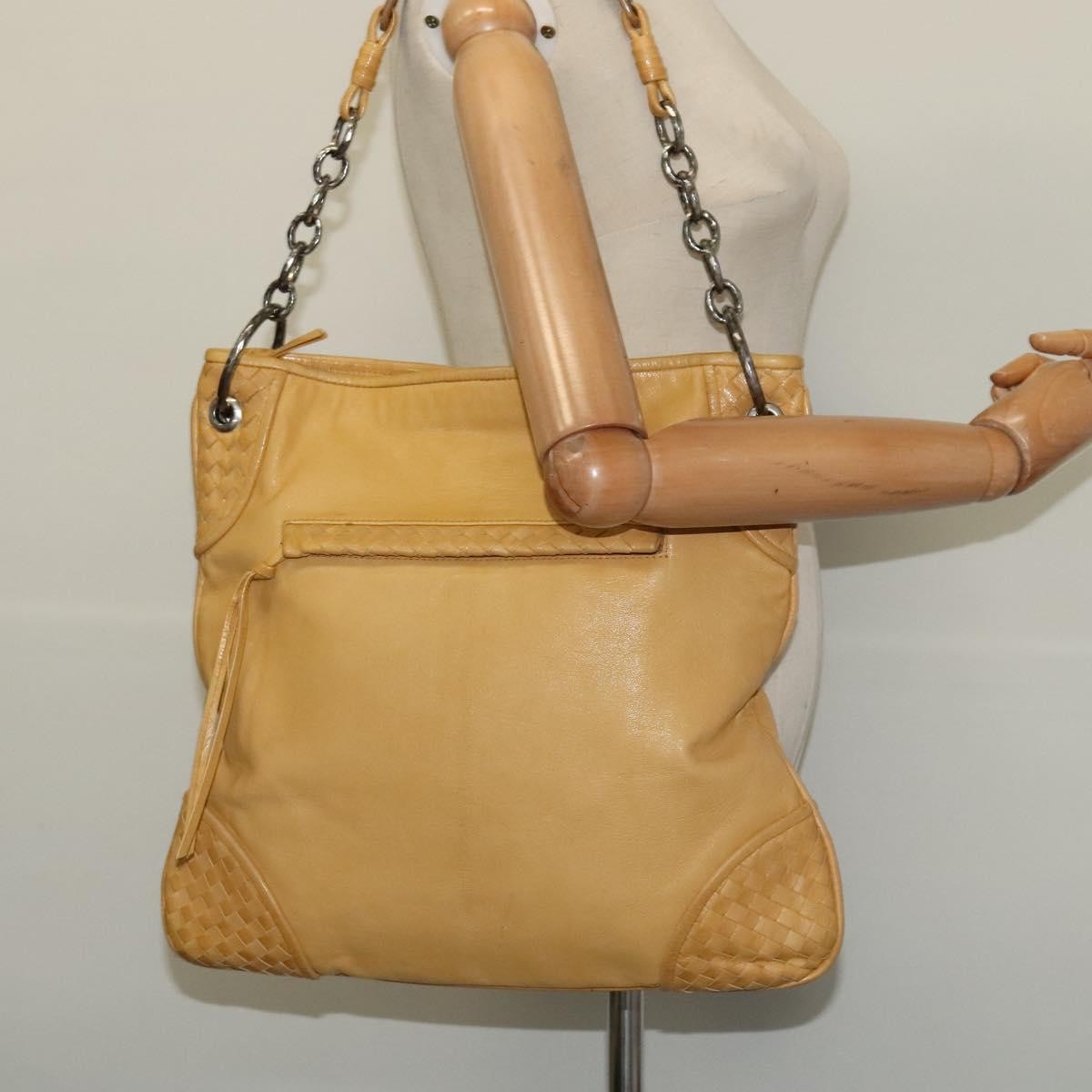 Bottega Veneta Chain Link Shoulder Bag Leather with Intrecciato, YELLOW, LEATHER, Shoulder bag