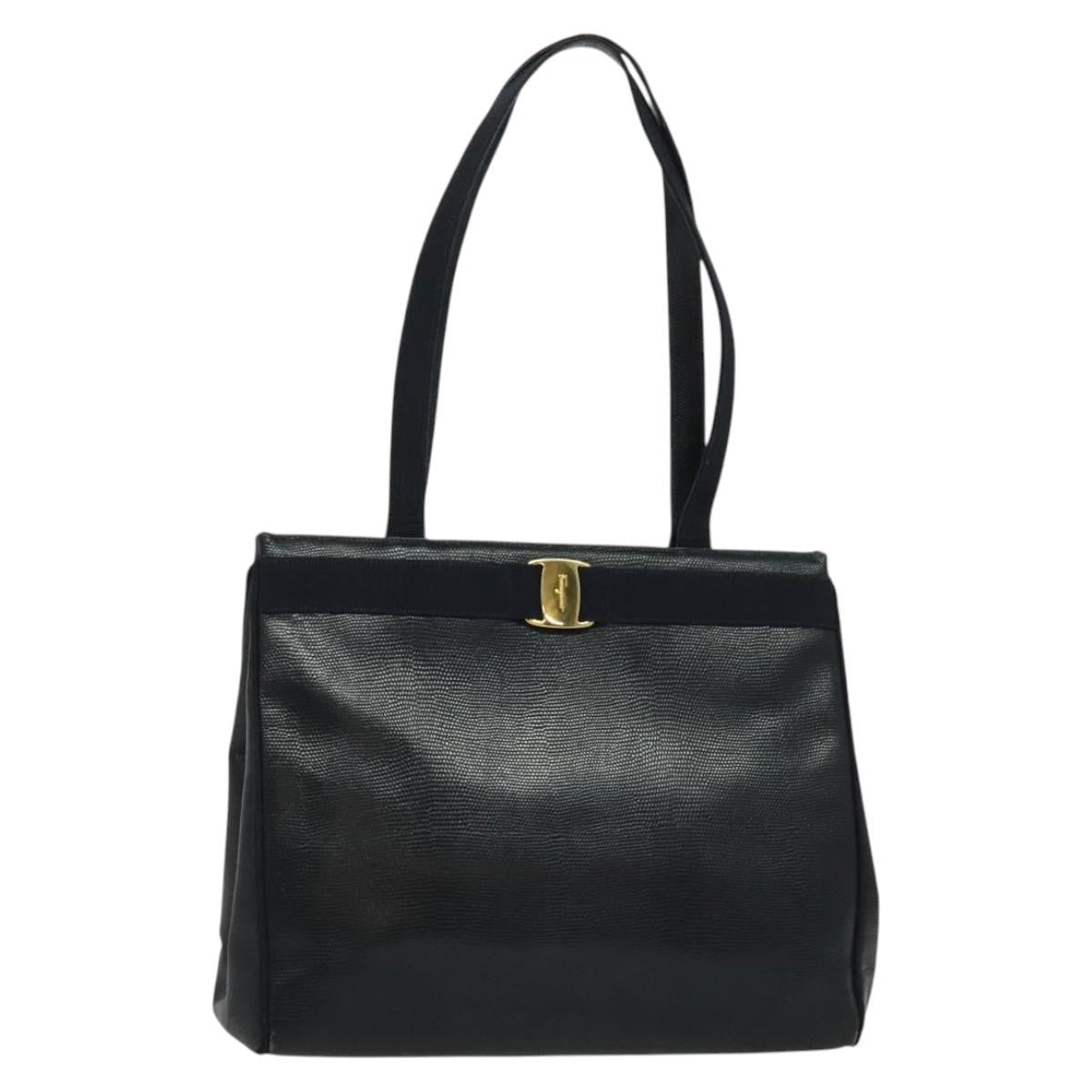 Salvatore Ferragamo Vintage Vara Bow Tote Lizard Embossed Leather, NAVY, LEATHER, Tote bag