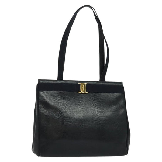 Salvatore Ferragamo Vintage Vara Bow Tote Lizard Embossed Leather, NAVY, LEATHER, Tote bag