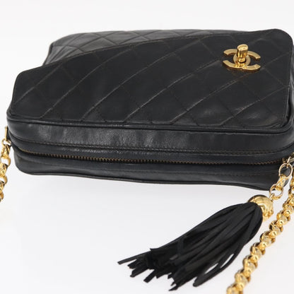 Chanel CC Chain & Tassel Front Pocket Camera Bag Quilted Lambskin, BLACK, LEATHER, Shoulder bag