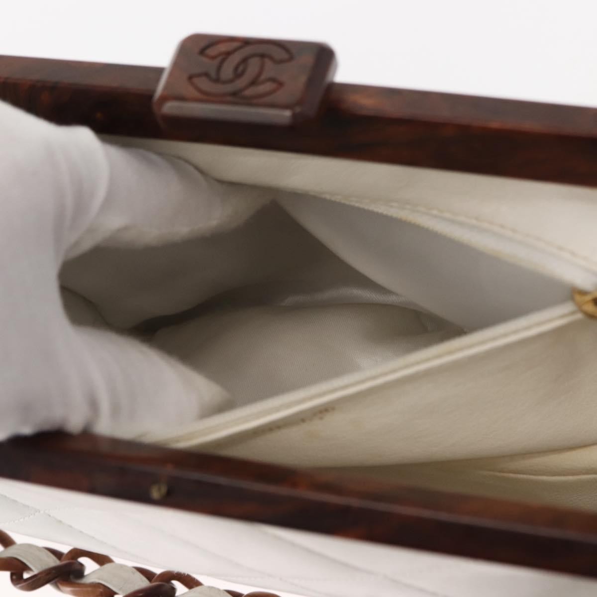 Chanel Wooden Frame Striped Shoulder Bag Leather, WHITE, LEATHER, Shoulder bag