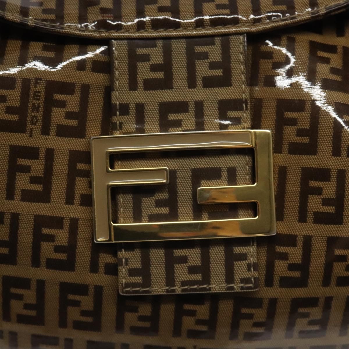 Fendi Vintage FF Buckle Curved Hobo Zucchino Coated Canvas, BROWN, PATENT_LEATHER, Handbag