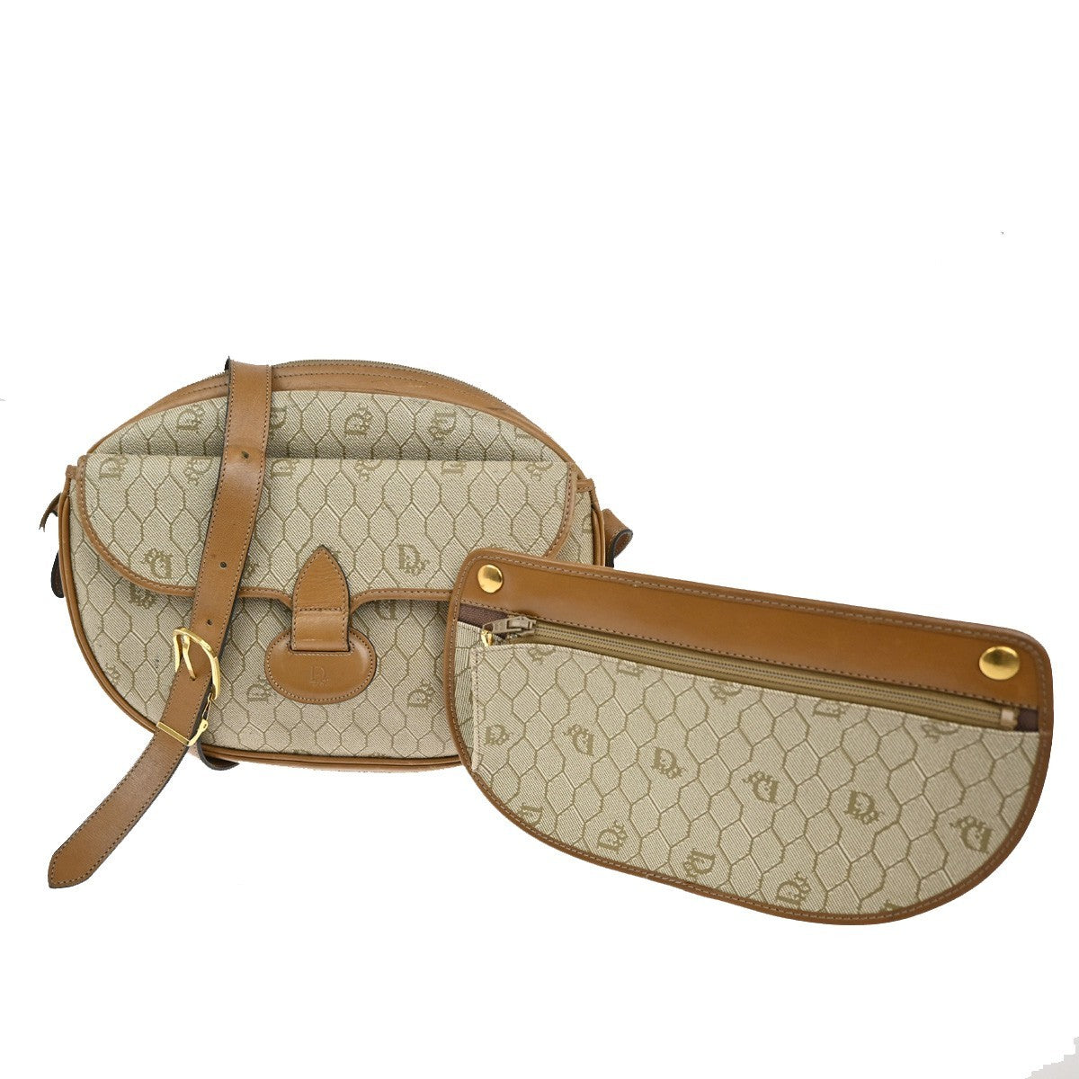Christian Dior Vintage Honeycomb Shoulder Bag Canvas and Leather, BEIGE, CANVAS, Shoulder bag