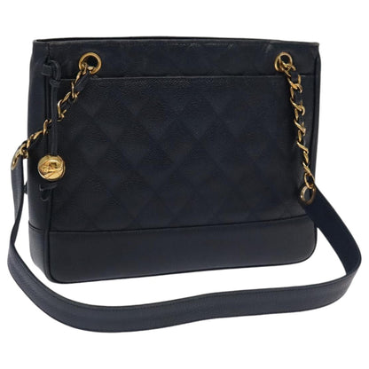 Chanel Vintage Stitched CC Shoulder Bag Caviar, NAVY, LEATHER, Shoulder bag