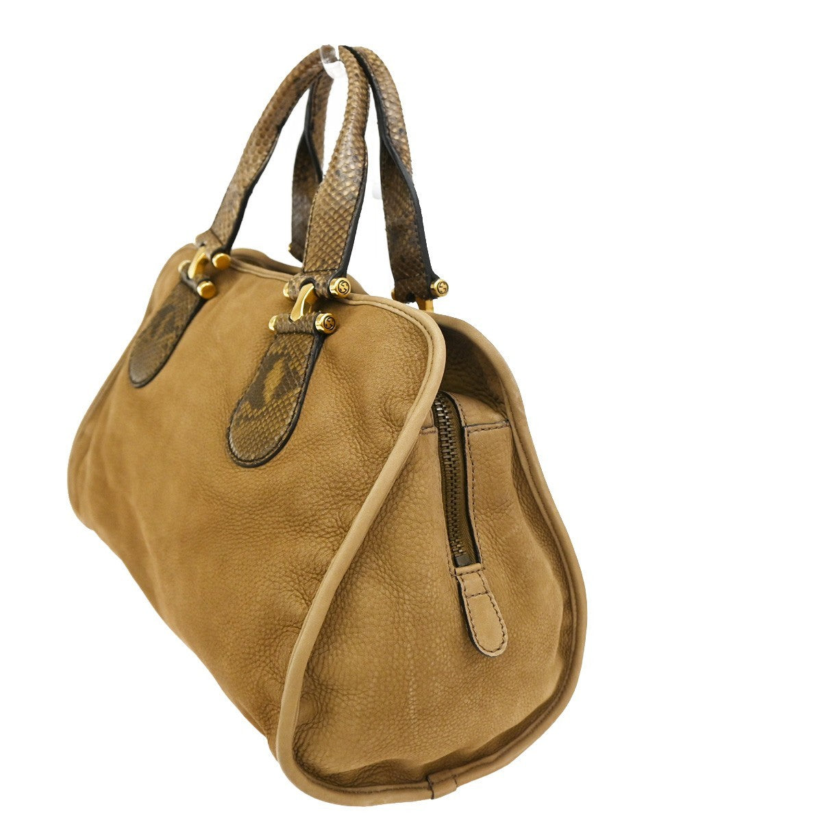 Gucci Twice Satchel Nubuck with Python, BROWN, SUEDE, Handbag