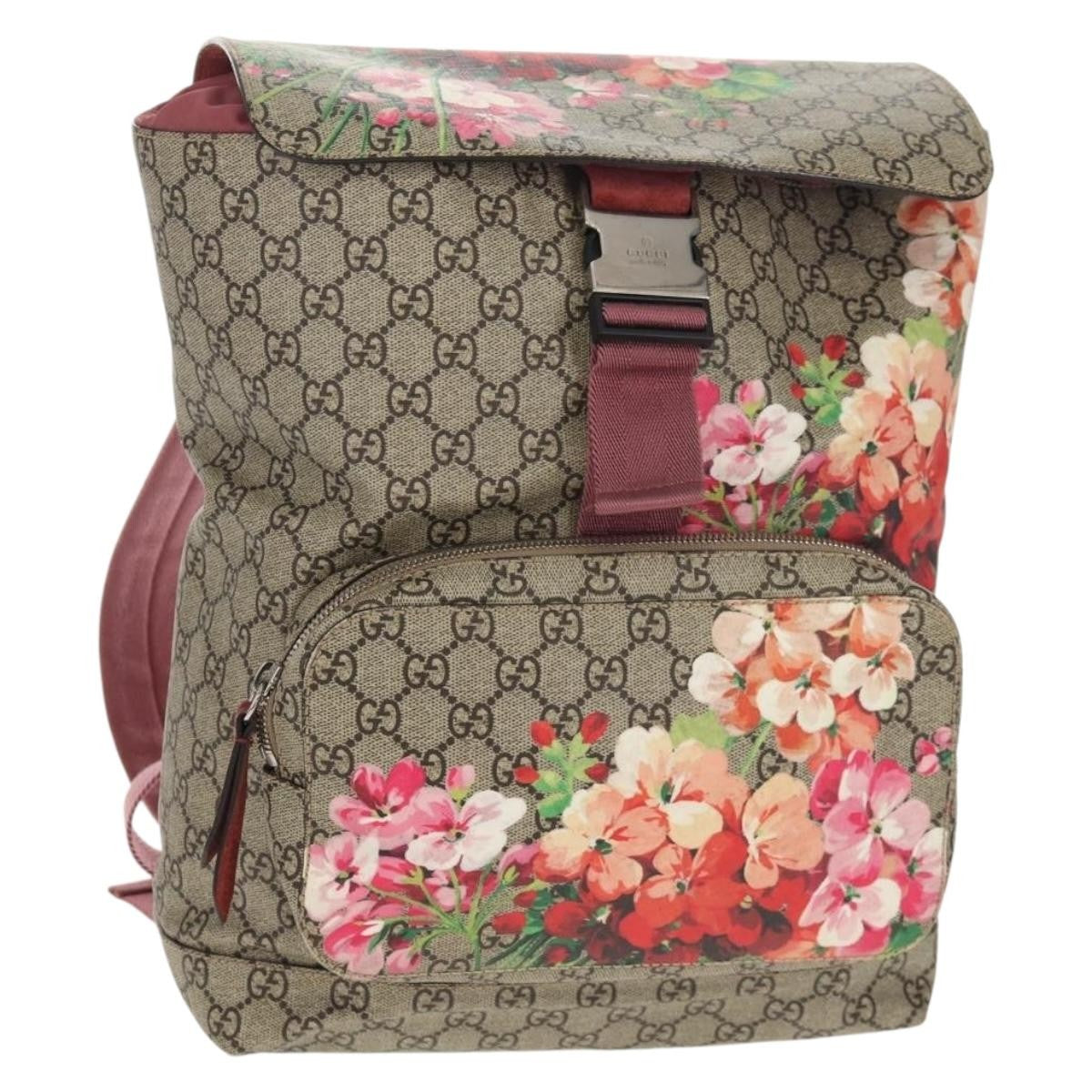 Gucci Buckle Backpack Blooms Print GG Coated Canvas, BEIGE, CANVAS, Backpack